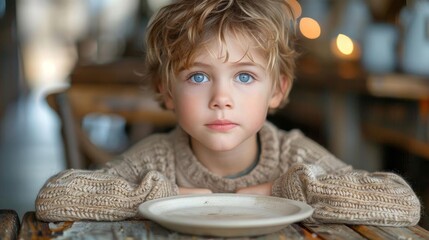 Portrait of a cute little boy with blond hair and blue eyes - obrazy, fototapety, plakaty