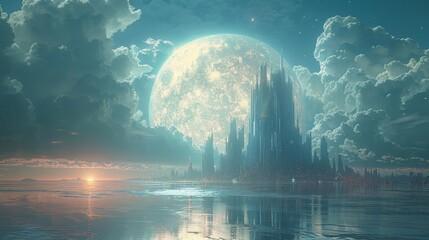 Sci-fi cityscape with a large moon and water in the foreground. - obrazy, fototapety, plakaty