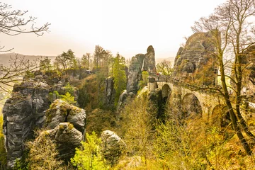 Photo sur Plexiglas Le pont de la Bastei The Bastei Bridge arcs gracefully over towering rock formations in Saxon Switzerland National Park during spring. Germany