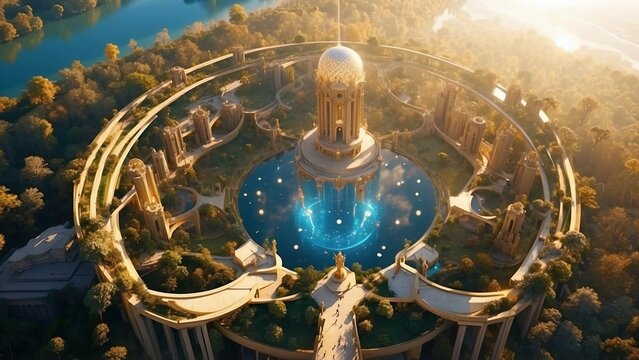 View of the city of Light, fantasy scene of the world of gods with crystals, gold, portals and amazing landscape