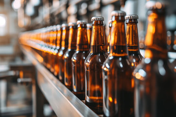 Automated conveyor with glass beer bottles. Brewing industry.