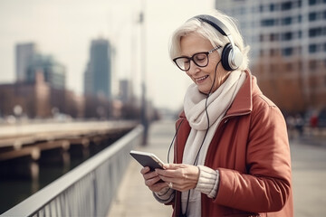 Elderly woman listens to music with headphones while walking around the city