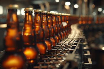 Automated conveyor with glass beer bottles. Brewing industry.
