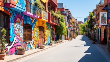 A vibrant street lined with colorful buildings in various hues, creating a picturesque and whimsical scene