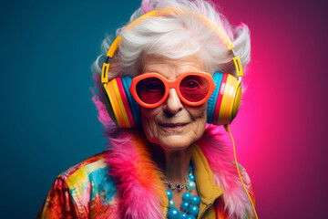 Fashionable elderly woman in sunglasses and headphones on dark background