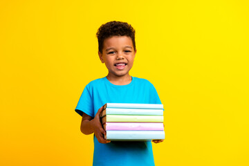 Photo of intelligent child with curly hair dressed blue stylish t-shirt holding book do homework...