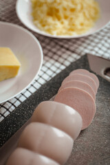 cheese and sliced sausage without fat. ingredients for the filling. high calories