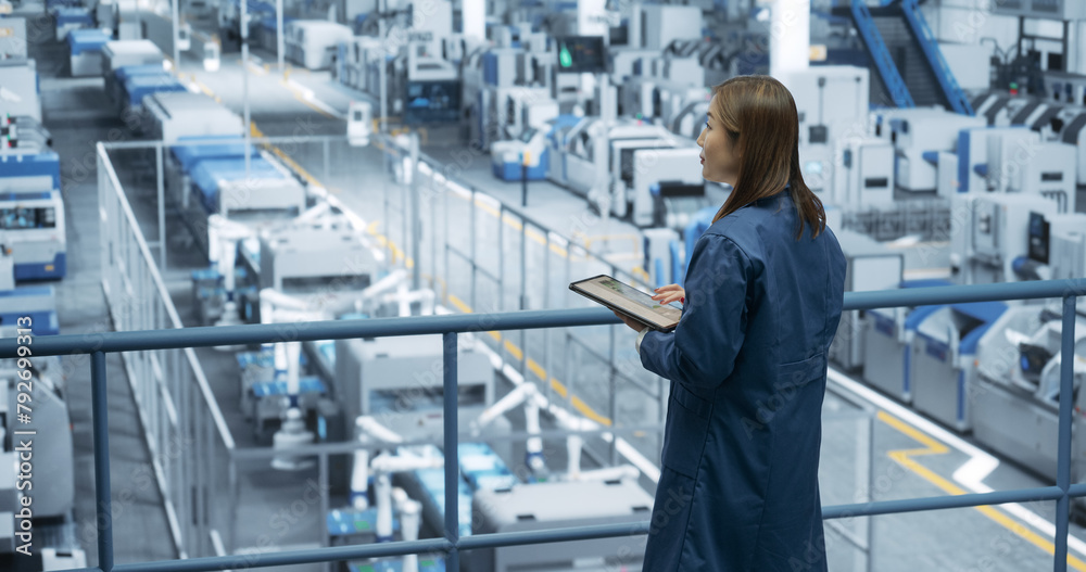 Aufkleber Young Asian Female Engineer Standing on a Platform, Using Tablet Computer at an Electronics Factory. Machines are Undergoing Maintenance, Specialist Monitoring the Progress Through Online Software