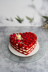 Strawberry cake in the shape of a heart, side view on a gray background.