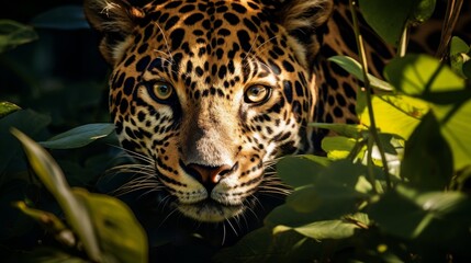 A breathtaking close-up of a leopard gracefully perched in a lush green tree