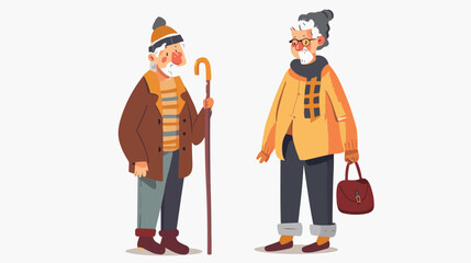Elderly woman and man with walking stick isolated. vector