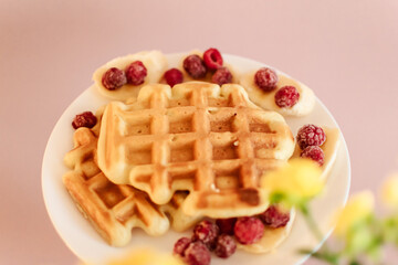 Viennese waffles with raspberries and bananas on a white plate next to yellow flowers in a pot. plain light background. homemade baking. recipe