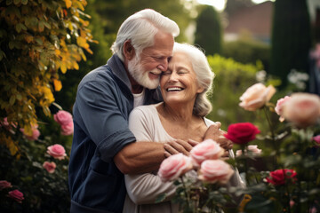 Obraz premium Elderly couple embracing in a blooming garden
