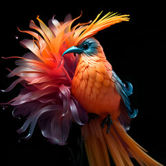 Naklejka premium Colorful tropical bird on black background. Exotic exotic animal.