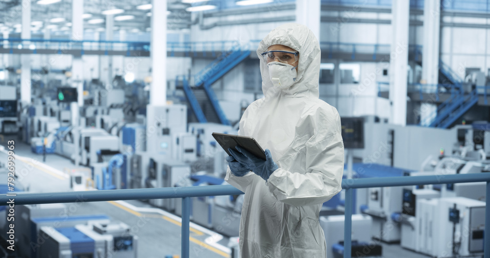 Aufkleber industrial scientist wearing disposable protective suit, mask and goggles at a production plant. fem