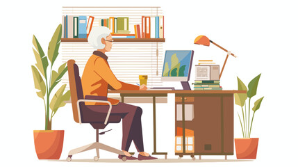 Elderly woman working at her office. Vector flat style