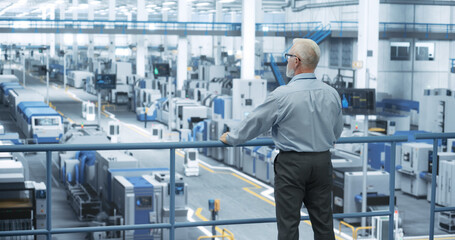 Industrial Engineer Working at a Technology Factory. Middle Aged Manager Standing on a Platform at Work, Looking at the Production Manufacturing Complex. Automated Robots Moving Around the Hall