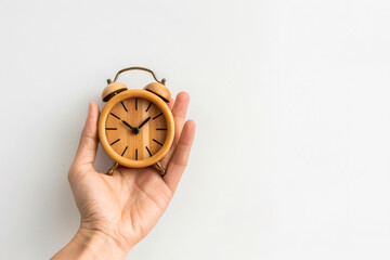 Hand holding a vintage wooden clock isolated on grey background.