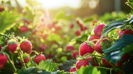 Fresh strawberries grown on a fruit farm field.