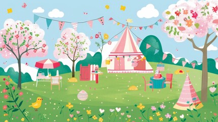 A whimsical illustration of a whimsical outdoor springtime scene with a tent, flowers, and a picnic.