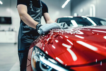 Auto service staff cleaning a red car with a wipe..