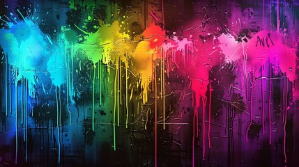 A dark grunge wall with rainbow paint drips
