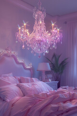 3D visualization of an elaborate chandelier over a luxury bed, crystals detailed and shimmering, against a solid soft purple background,