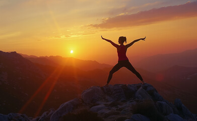 Woman doing yoga warrior pose on top of mountain at sunset, silhouette of woman in red tank top.