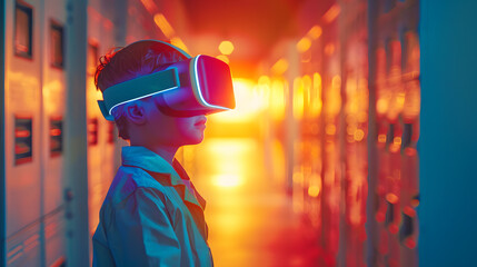 kids at school in technology and robotics class experimenting with a VR headset 