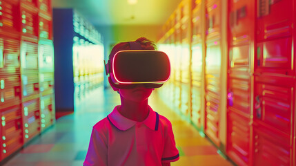 Naklejka premium kids at school in technology and robotics class experimenting with a VR headset 