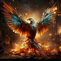 3d rendering of an eagle flying in a dark room with fire
