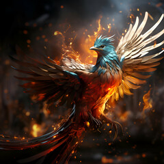 3d rendering of a beautiful blue bird with wings spread in fire