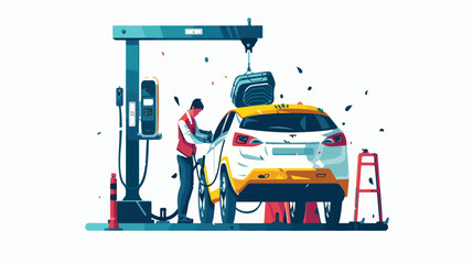 Electric vehicle service concept. The mechanic remove - obrazy, fototapety, plakaty