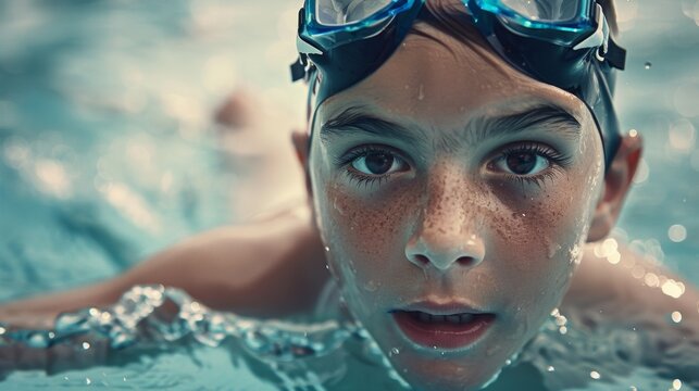 Closeup of a young boy in a swim cap and goggles poised to dive into a swimming pool his excitement palpable as he prepares to chase his dreams and break personal records. .