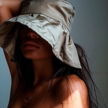 Close-up photo of a woman with a bucket hat covering her face, showcasing a fashion aesthetic with a focus on lips