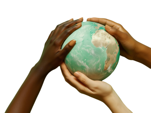 diversity multicultural hands holding planet earth. Environmental protection, humanity. PNG object isolated on transparent background, mockup, design, template, layout, sticker