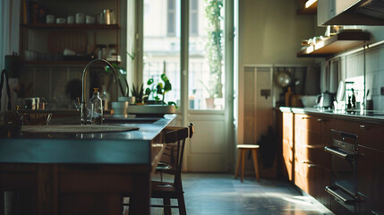 A warm and inviting kitchen space with subtle lighting and rustic modern design elements