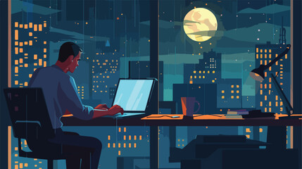 Working late at night. flat vector illustration Hand