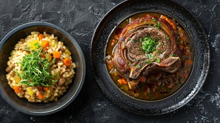 Delectable top view of Osso Buco, perfectly braised veal shanks with vegetables and broth, garnished with gremolata, next to a serving of Risotto Milanese, studio lighting