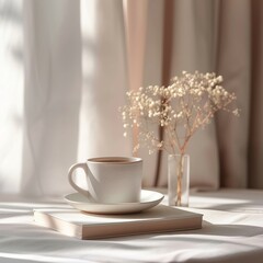 A white coffee cup and book sit on a table, with a pastel color theme and minimalistic style with warm tones and sun rays, along with a shallow depth of field and soft focus