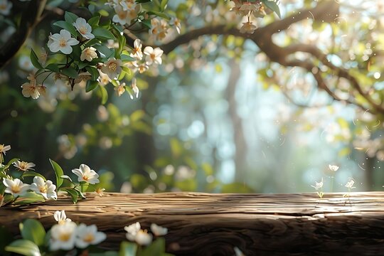 an idyllic springtime scene with a focus on a wooden table surface in the foreground