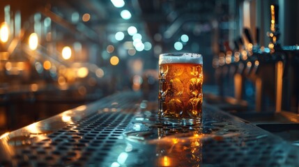 A glass of a beer sitting on top of some metal bars, AI