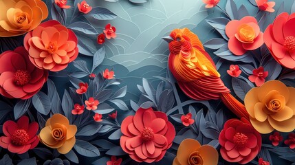 happy cheerful springtime nature landscape flower blossoming with bird, paper cut craft sculpture artistic background illustration, Generative Ai	

