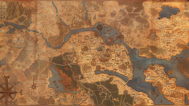 Intricately detailed fantasy map in a vintage style, featuring complex terrain, mysterious locations and ancient landmarks. Evokes a sense of adventure, lore and worldbuilding from a bygone era.

