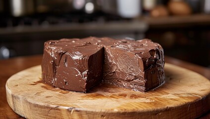 A quarter cut chocolate cake with a rich texture, presented on a well-crafted circular cutting board