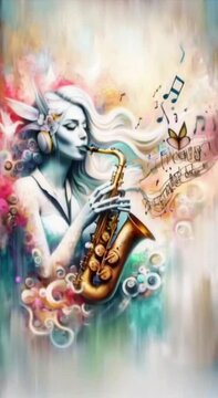 Psychedelic Video Screensaver: Modern girl playing saxophone - hyper-realistic image with magical musical notes floating in the air.