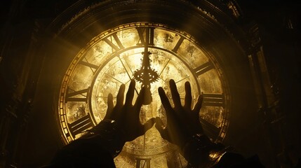 Surreal image of hands reaching out towards a majestic clock face, symbolizing the elusive nature of time