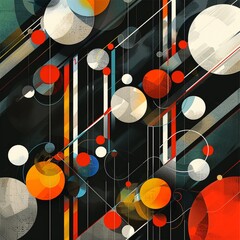 Abstract digital art: spheres, lines, dark gray background, primary colors, geometric shapes, intricate patterns, minimalist space, calmness, vibrant palette