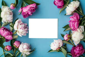 
Blank greeting card with space for your text or photo on pastel blue background with spring flowers peonies, top view.PNG object isolated with transparent background, mockup, design, template, layout