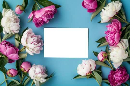Blank greeting card with space for your text or photo on pastel blue background with spring flowers peonies, top view.PNG object isolated with transparent background, mockup, design, template, layout